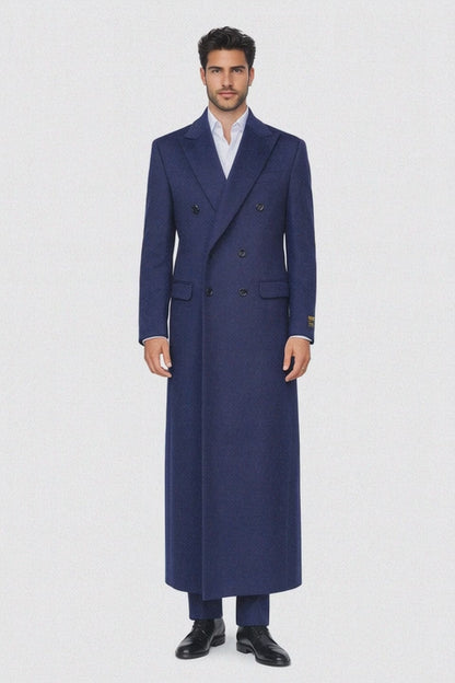 Mens Full Length Wool and Cashmere Overcoat - Winter Topcoats - Blue Coat