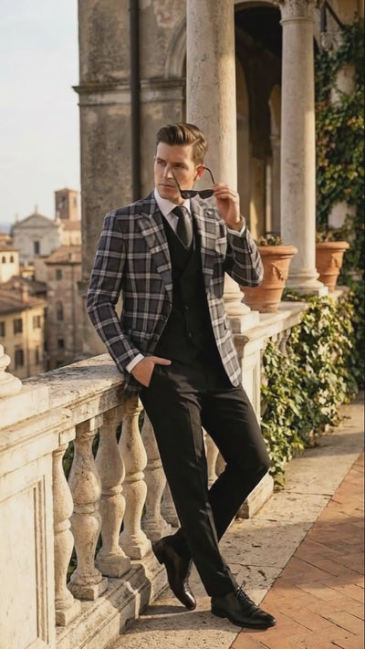 Men’s Big and Tall Charcoal Gray and Black Plaid Blazer – Grey Checker Windowpane Sport Coat