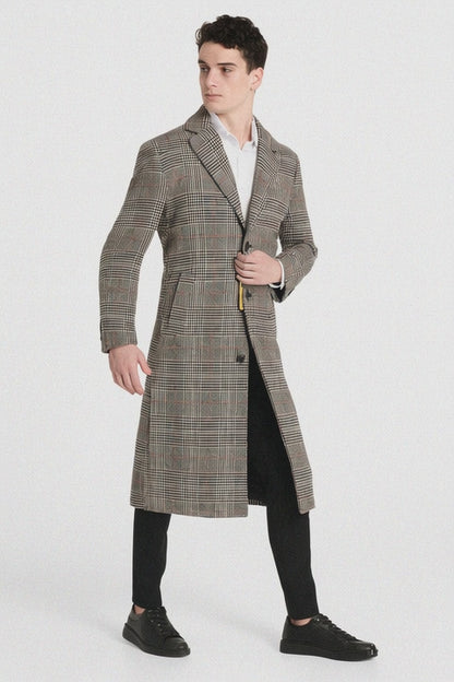 Men’s Full length  Long Plaid Overcoat – Classic Checkered Wool Blend Winter Coat in Gray Color Checkered