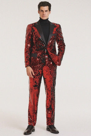 Men’s Red Sequin Tuxedo Suit with Black Lapel 