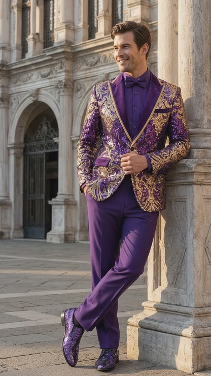Men’s Purple and Gold Sequin Suit with Pants – Luxury Prom, Wedding and Party Blazer