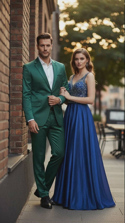 Mens Shiny emerald Green Sateen 2-Piece Slim Fit Suit – Formal Blazer and Pants Set Prom Wedding