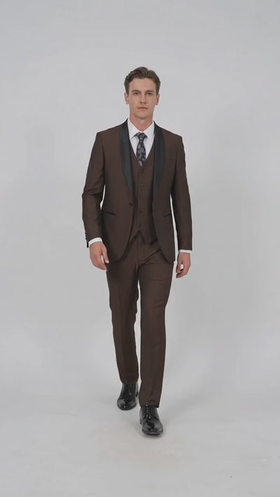 Men’s Chocolate Brown 3-Piece Tuxedo Suit with Black Satin Shawl Lapel – Shawl Collar Vested