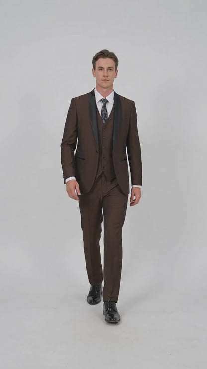 Men’s Chocolate Brown 3-Piece Tuxedo Suit with Black Satin Shawl Lapel – Shawl Collar Vested