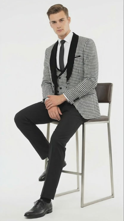 Men’s Black and White Houndstooth Tuxedo Set with Velvet Shawl Lapel | 3-Piece Formal Suit with Double-Breasted Vest