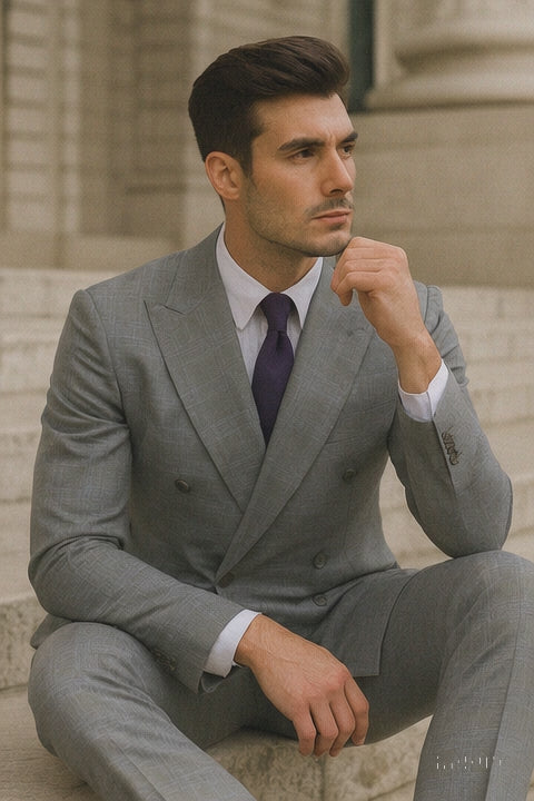 Mens Classic Wool Feel Double Breasted Glen Plaid Suit in Grey