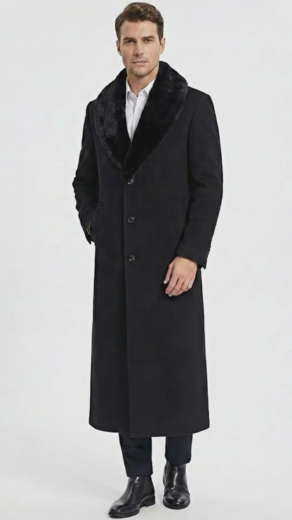 Men’s Black Long Overcoat with Faux Fur Collar, Full Length Winter Topcoat for Formal and Business Wear