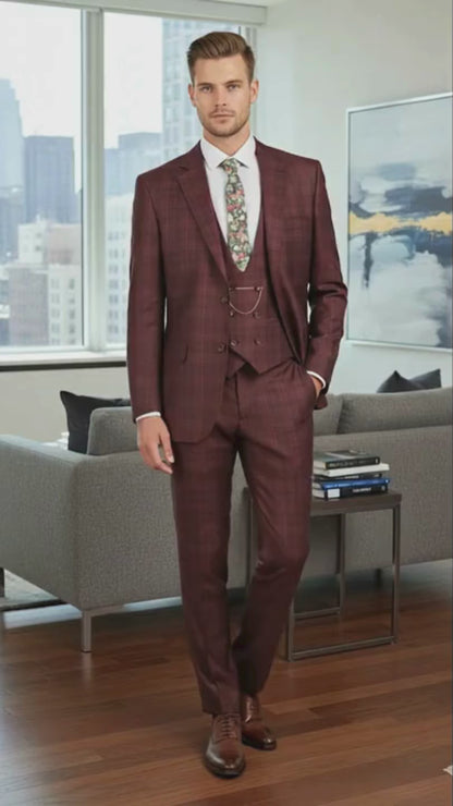 Men’s Burgundy Checkered 3-Piece Suit – Windowpane Classic Fit Plaid Blazer with Vest and Pants