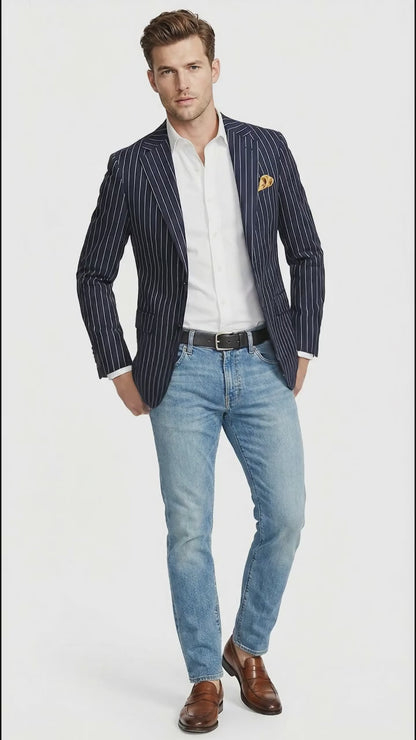 Mens Navy Blue Pinstripe Blazer – Classic Tailored Formal Jacket for Business, Office and Smart Casual Wear