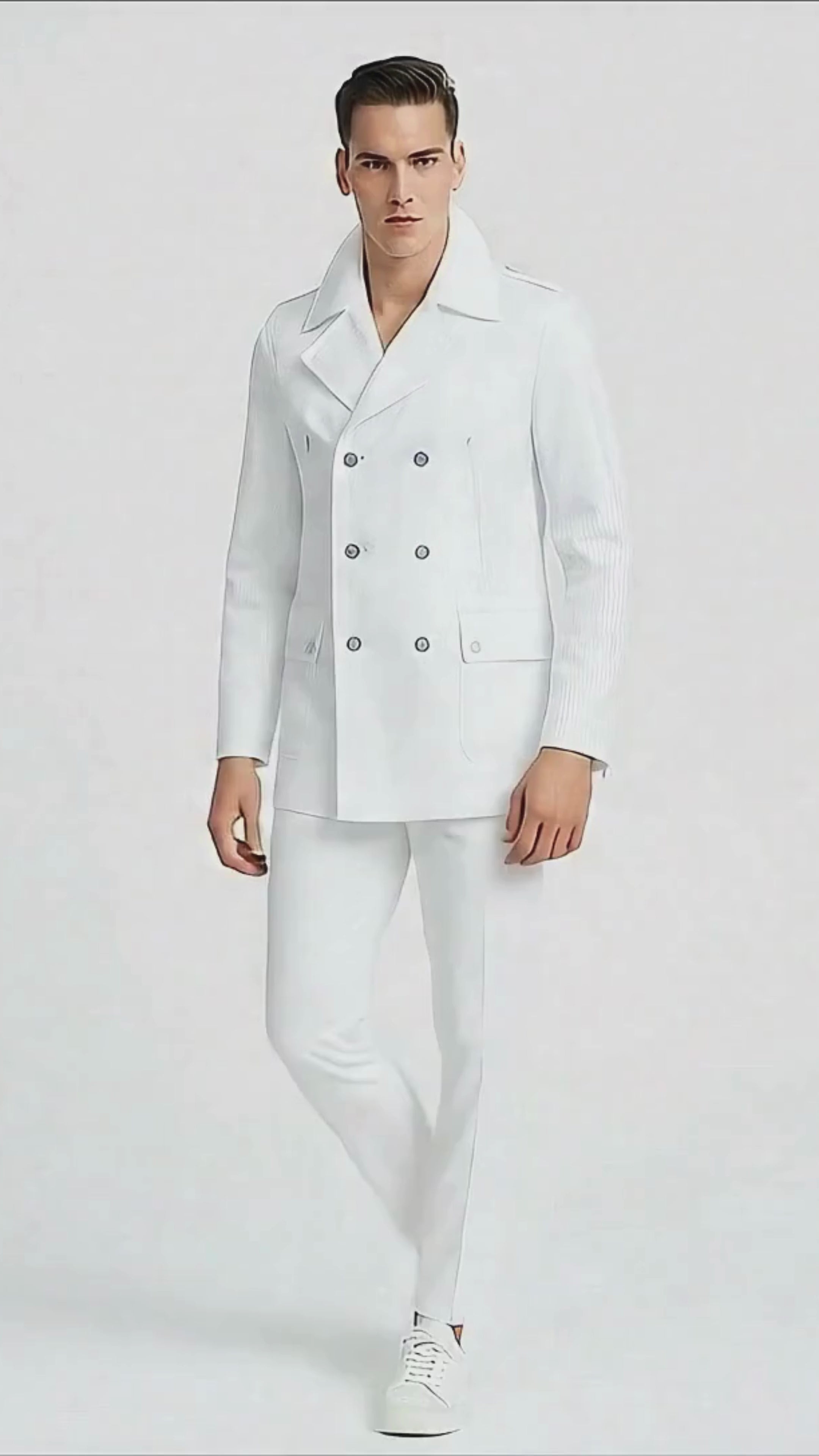 Men’s White Double-Breasted Peacoat Jacket – Classic Stylish Outerwear Wool Fabric Slim Fitted