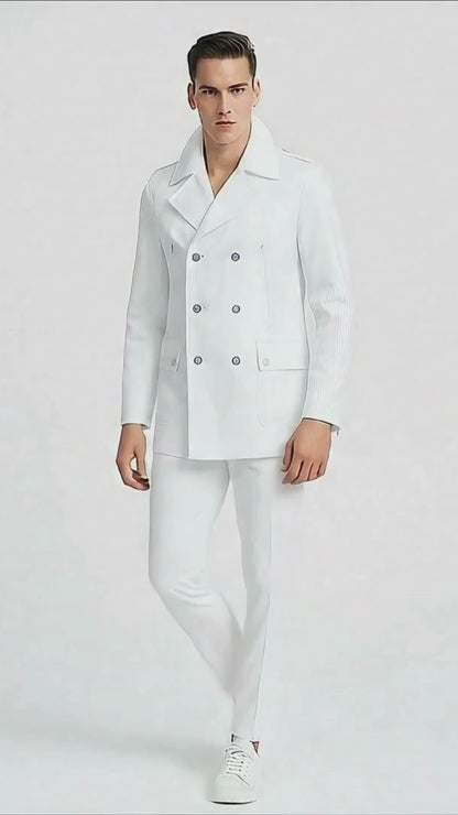 Men’s White Double-Breasted Peacoat Jacket – Classic Stylish Outerwear Wool Fabric Slim Fitted
