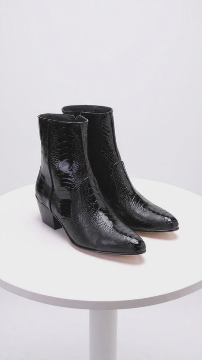 Men’s Los Altos Black Genuine Ostrich Leg Leather Ankle Boots, Exotic Western Dress Boots