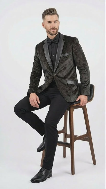 Men’s Crocodile Alligator Exotic skin Texture Blazer – Slim Fit Designer Jacket with Satin Lapels for Formal and Party Wear in Black Color