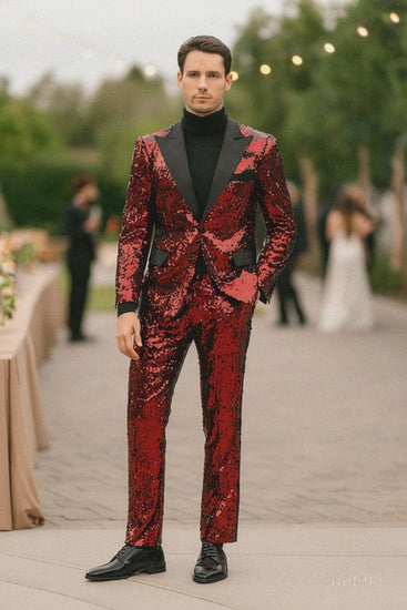 Men’s Red Sequin Tuxedo Suit with Black Lapel 