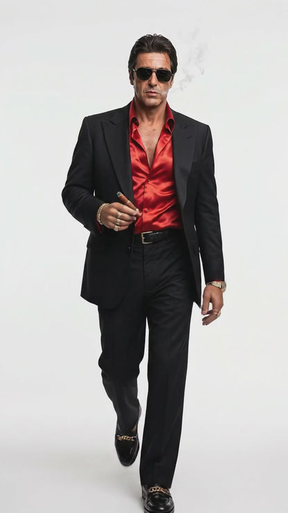 Tony Montana’s Black Blazer with Red Sateen Shirt – Men’s Black Formal Blazer and Red Satin Style Shirt Outfit for Party, Wedding and Vintage Wear