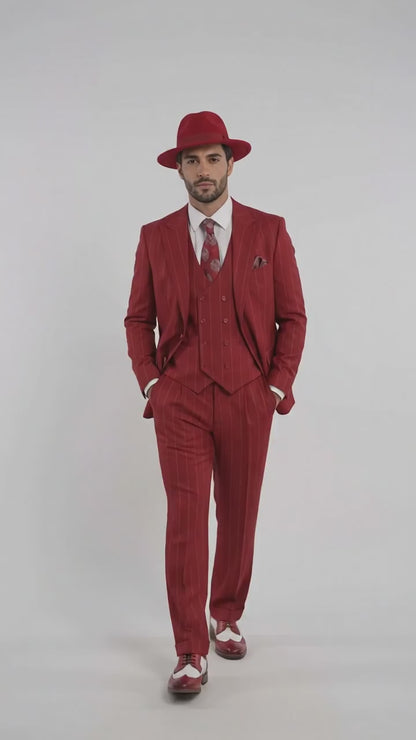 Men’s Red & White Pinstripe 3-Piece Suit by Mazari – Peak Lapel Classic Fit Gangster Suit with Pleated Pants