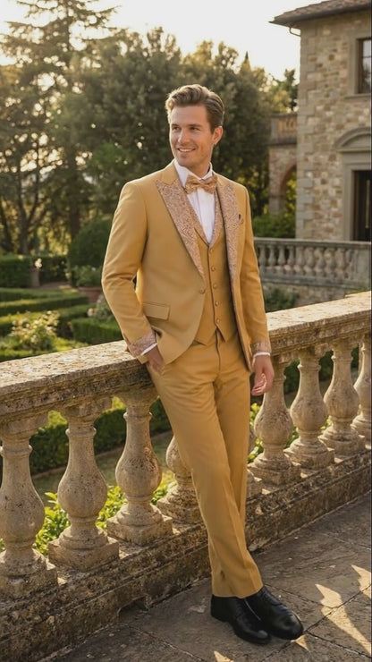 Men's Gold Embellished Tuxedo Suit + Bowtie – Slim Fit Jacket, Vest and Tailored Pants