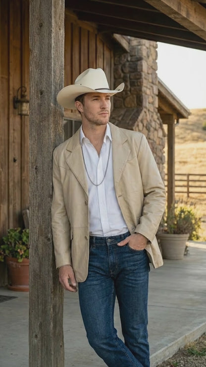 Mens Beige Sand Bone Real Leather Cowboy Western Blazer – Classic Western Style Leather Jacket Casual Formal Ranch Coat for Men