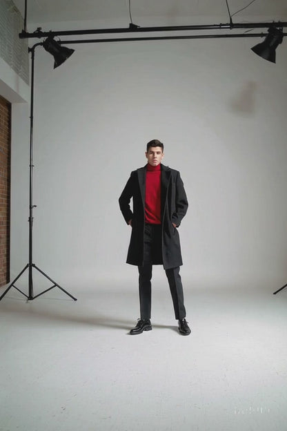 3/4 Cashmere Wool fabric Long men's Dress Topcoat - Winter coat ~ Dark Charcoal Masculine color - men's Overcoat