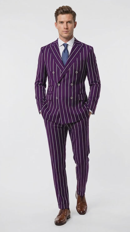 Men’s Dark Purple Pinstripe Double Breasted 1920s Gangster Suit, Vintage Formal Dress Suit