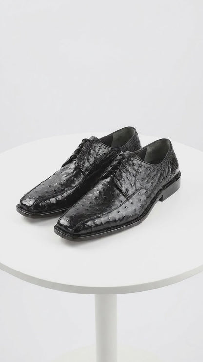 Men’s Los Altos Black Full Quill Ostrich Lace Up Dress Shoes with Bicycle Toe