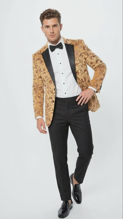Men’s Yellow Gold Baroque Pattern Tuxedo Blazer Suit – Party and Wedding Jacket Prom Paisley Black Pants