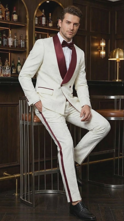 Men’s Ivory and Burgundy Jacquard Tuxedo Suit – Luxury Slim Fit 3-Piece Formal Wedding, Prom, and Gala Outfit in Cream Off White Color