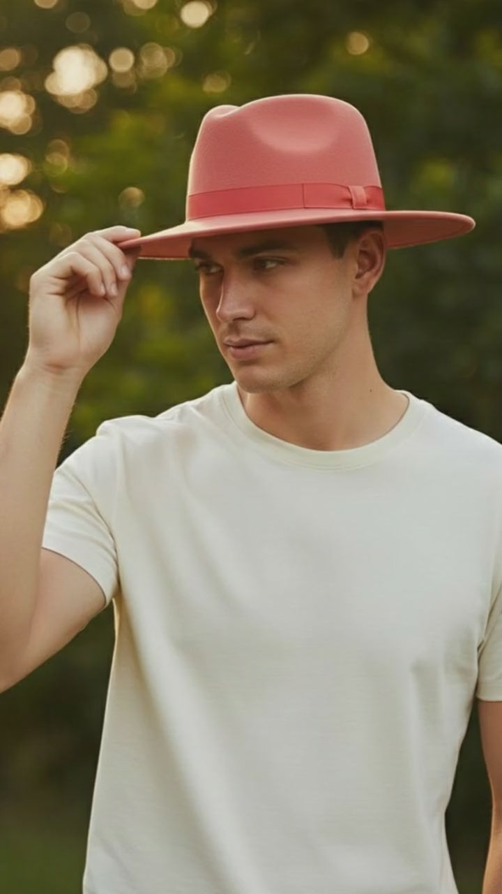 Men’s Coral Pink Wide Brim Fedora Hat – Wool Felt Dress Hat with Red Ribbon Band