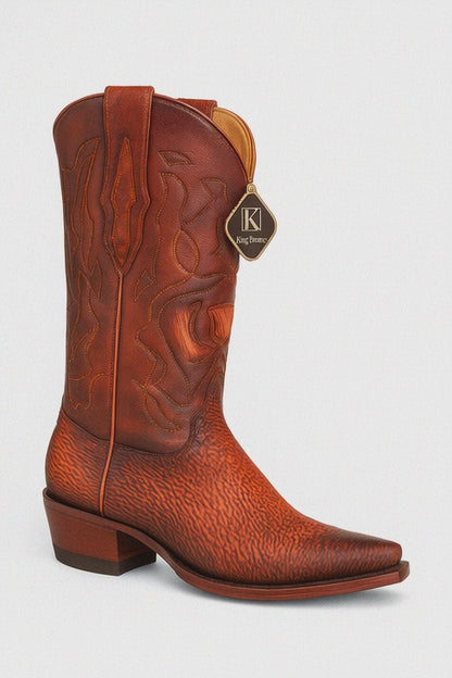 Men's King Exotic Snip Toe Sharkskin Boots Handcrafted Burnished Cognac (494RD0903)