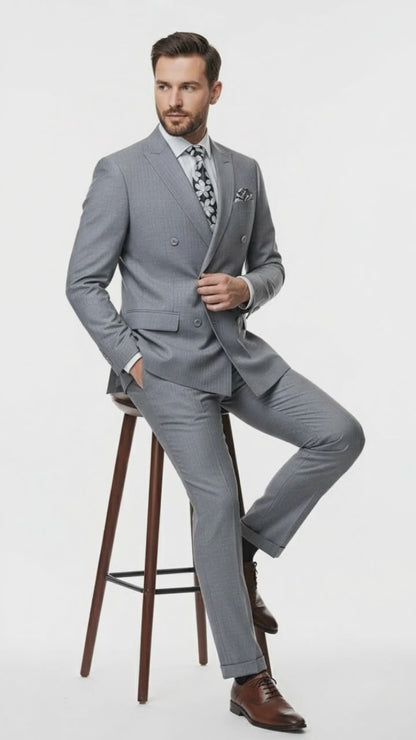 Mens Grey Tone on Tone Double-Breasted Suit – Classic Slim Fit 2 Piece Formal Business Gray Shadow Stripe