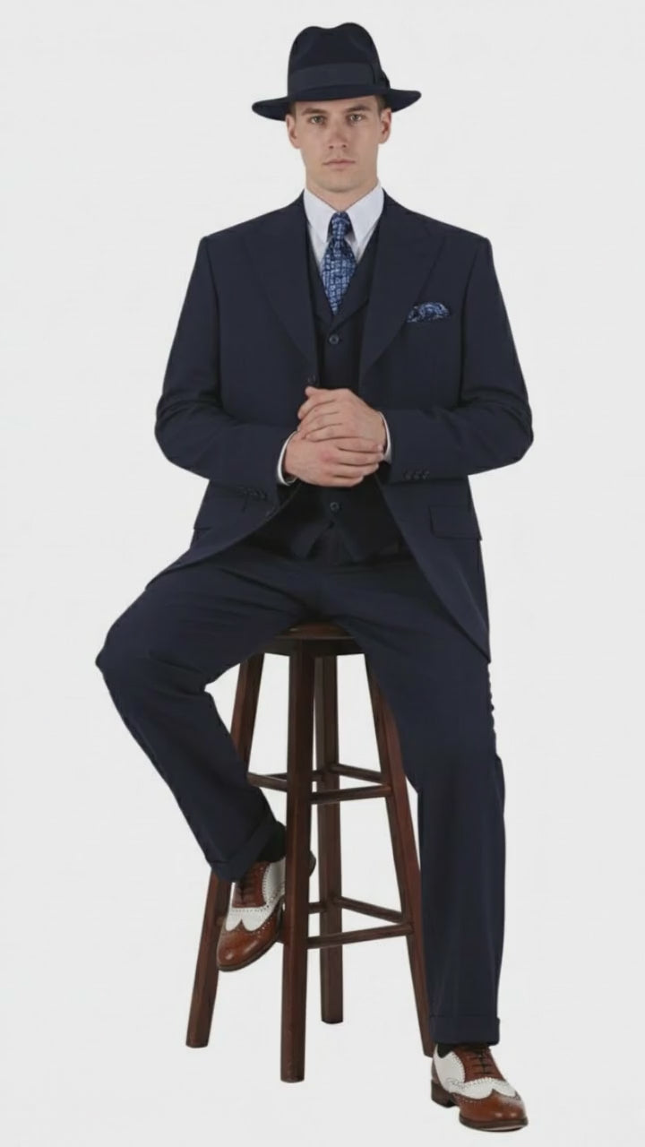 Men’s 1920s Navy Blue Zoot Suit with Fedora Hat and Wingtip Shoes – Classic Gangster 3-Piece Long  - Classic Fit Pleated Pants