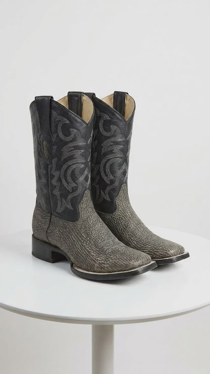 Men’s Los Altos Grey and Black Shark Skin Wide Square Toe Cowboy Boots, Exotic Western Dress Boots