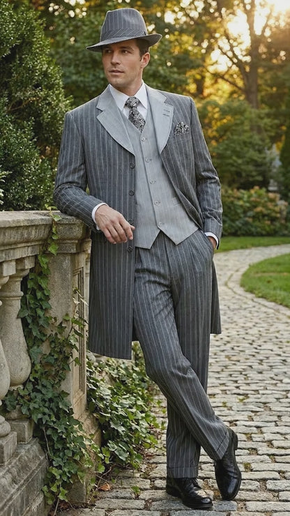 Men’s Grey Pinstripe Zoot Suit 3 Piece – 1920s Gangster Vintage Wide Lapel Suit with Vest for Wedding, Party
