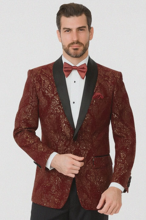 Mens 2 Button Paisley Glitter Tuxedo in Burgundy