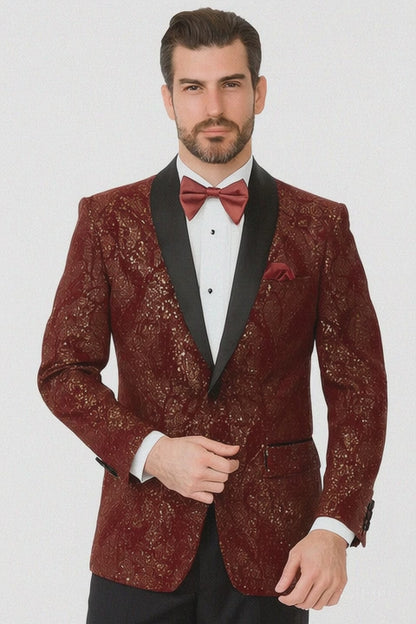 Mens 2 Button Paisley Glitter Tuxedo in Burgundy