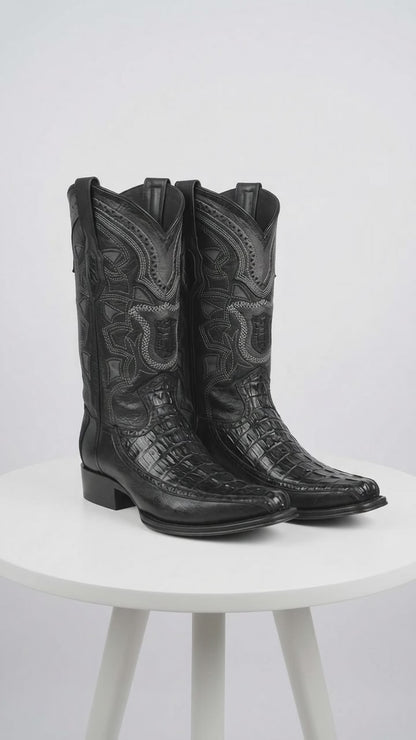 Men’s Black Caiman Crocodile and Deer Western Boots LAB-76F0105, European Toe Exotic Cowboy Dress Boots
