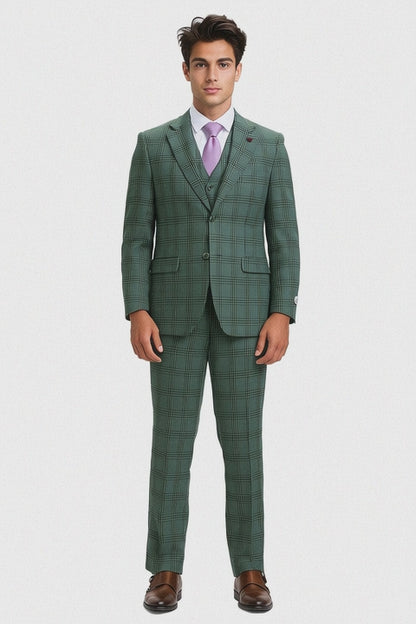 Stacy Adams - Hybrid Fit Plaid 3 Piece Green Suit