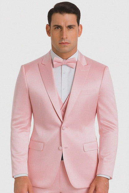 Dusty Rose Satin Double Breasted Peak Lapel 3 Piece Skinny Fit Tazzio Men's Suit with Matching Bowtie