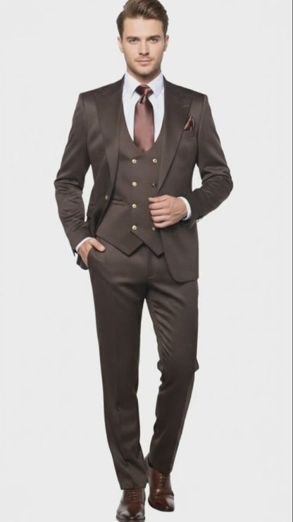 Men’s Chocolate Brown Textured 3-Piece Suit – Luxury Double-Breasted Vest Formal Set
