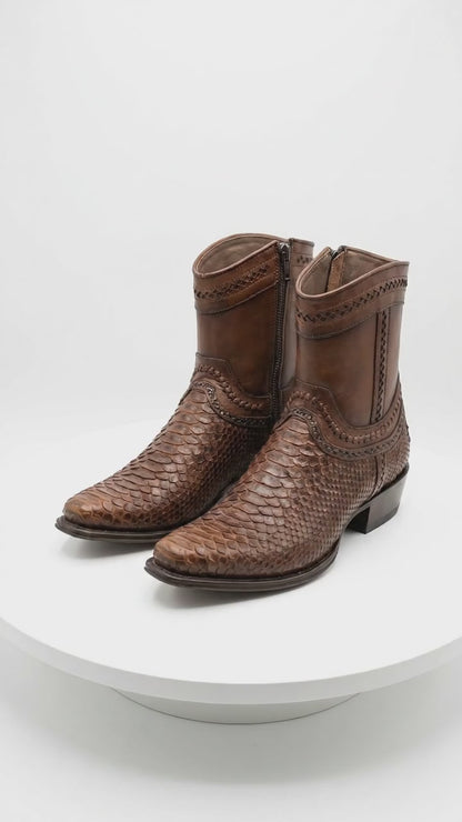 Men’s Los Altos Porto Brown Python Skin Short Boots with European Toe, Exotic Western Dress Boots