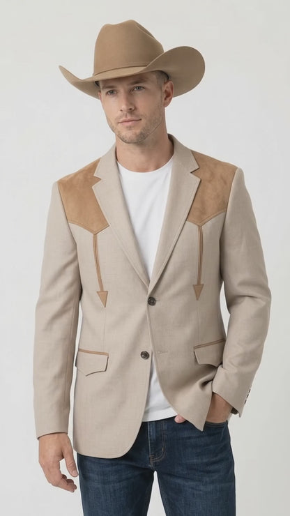 Men’s Khaki Western Blazer – Cowboy Sport Coat with Suede Yoke Detail