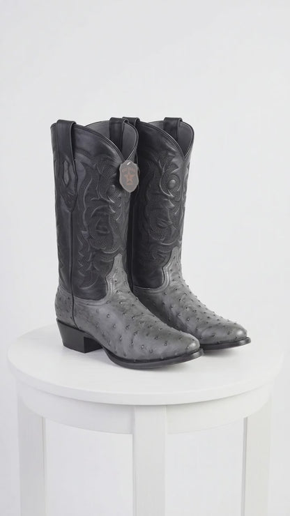 Men’s Los Altos Gray Genuine Ostrich Round Toe Boots, Exotic Western Cowboy Dress Boots