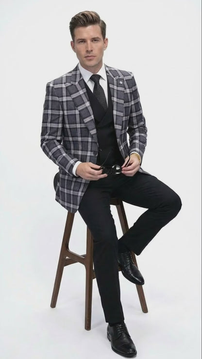 Men’s Big and Tall Charcoal Gray and Black Plaid Blazer – Grey Checker Windowpane Sport Coat