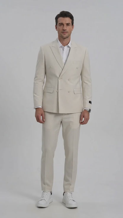 Men’s Ivory Cream Double Breasted Linen Suit – Off-White Summer Wedding Slim Fitted 2-Piece Suit Cream Color
