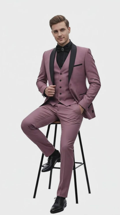 Men's Rose Pink Tuxedo Suit – Luxury Three-Piece Formal Wear with Black Satin Lapel Dusty Mauve Color