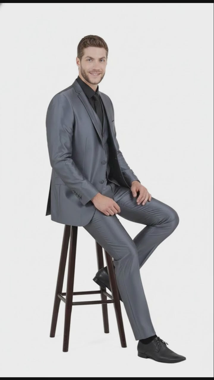 Men’s Dark Grey Shiny Two-Piece Suit – Slim Fitted Formal Jacket and Tailored Pants - Sateen Metalic in Charcoal Gray Color