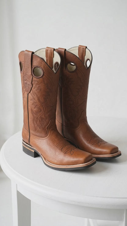 Los Altos Men’s Tan Leather Rodeo Boots, Western Cowboy Square Toe Boots