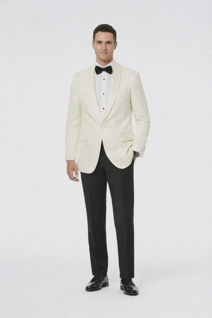 Designer Ivory Paisley Tuxedo Jacket with Shawl Lapel – Groom, Wedding & Prom Style
