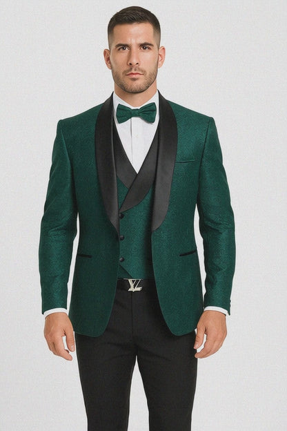 Men’s Hunter Green Vested Tuxedo – Floral Lace Designer Wedding Suit