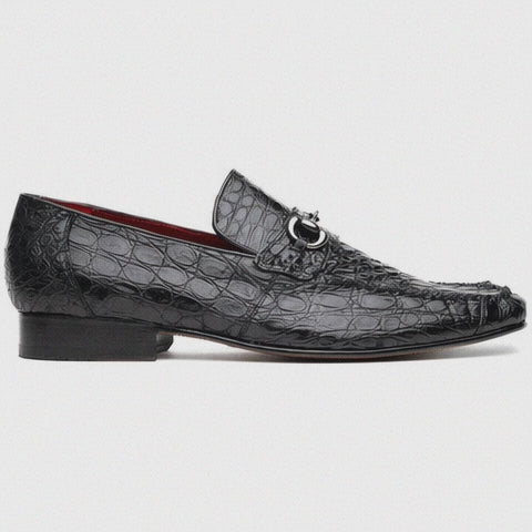 Marco Di Milano Landro Shoes Black Exotic Crocodile Horsebit Loafers